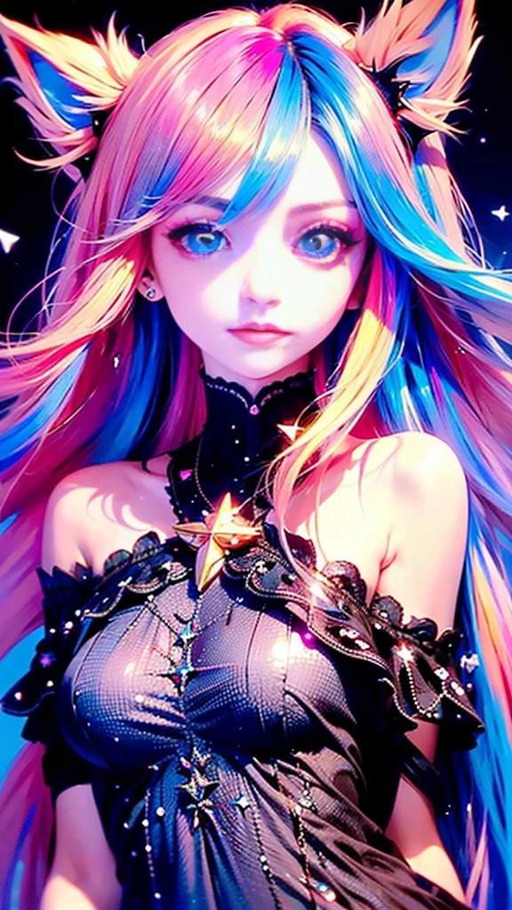 (masterpiece, best quality), ((1 Girl, (Mature female) Long hair), (Star-shaped pupil,  +_+, Symbol-shaped pupil, Bright Eyes), (Cat ears, Open your mouth)), (Looking at the audience, A faint smile, Off-shoulder), (Abstract, Multicolored background, Abstract background, Chromatic Aberration), vampire, Blood on the face, Blood stains on clothes, Bat Wings