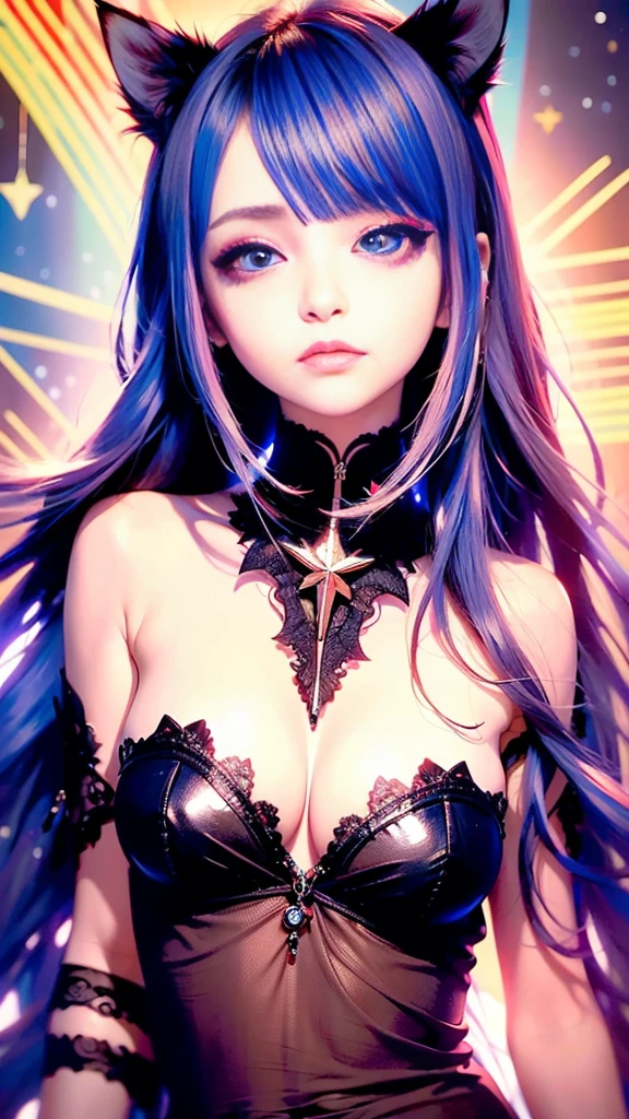 (masterpiece, best quality), ((1 Girl, (Mature female) Long hair), (Star-shaped pupil, +_+, Symbol-shaped pupil, Bright Eyes), (Cat ears, Open your mouth)), (Looking at the audience, A faint smile, Off-shoulder), (Abstract, Multicolored background, Abstract background, Chromatic Aberration), vampire, Blood on the face, Blood stains on clothes, Bat Wings