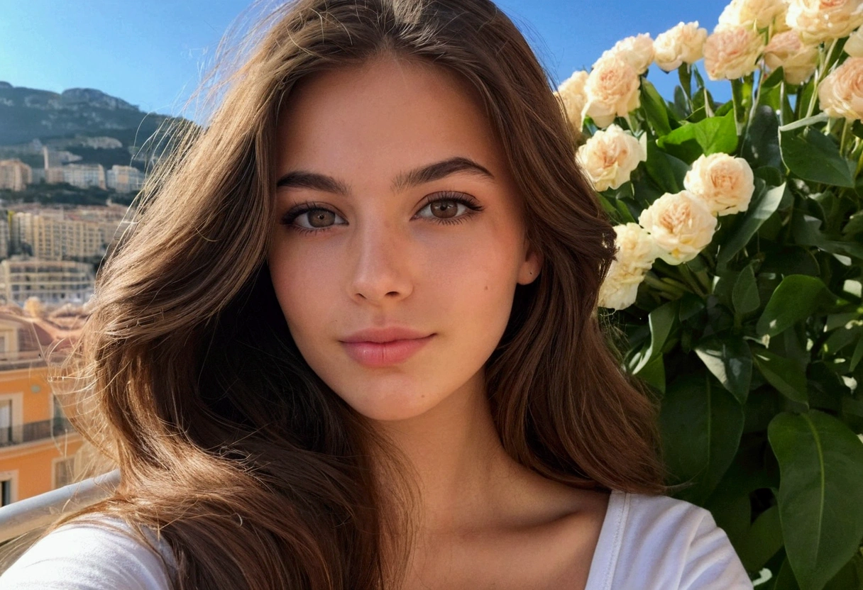 une belle fille brune de 24 ans aux yeux marrons, Longs cheveux bruns, photo dans la ville de Monaco, sitting on her allumé, prendre une jolie photo de selfie, proportion parfaite du corps, porter un outfit, traits du visage détaillés, Une peau impeccable, éclairage naturel, tons chauds, 1fille, Visage détaillé, chef-d'œuvre, Yeux détaillés, Lèvres détaillées, belle peau, éclairage naturel, couleurs chaudes, alluméroom, allumé, iPhone, photo de selfie,