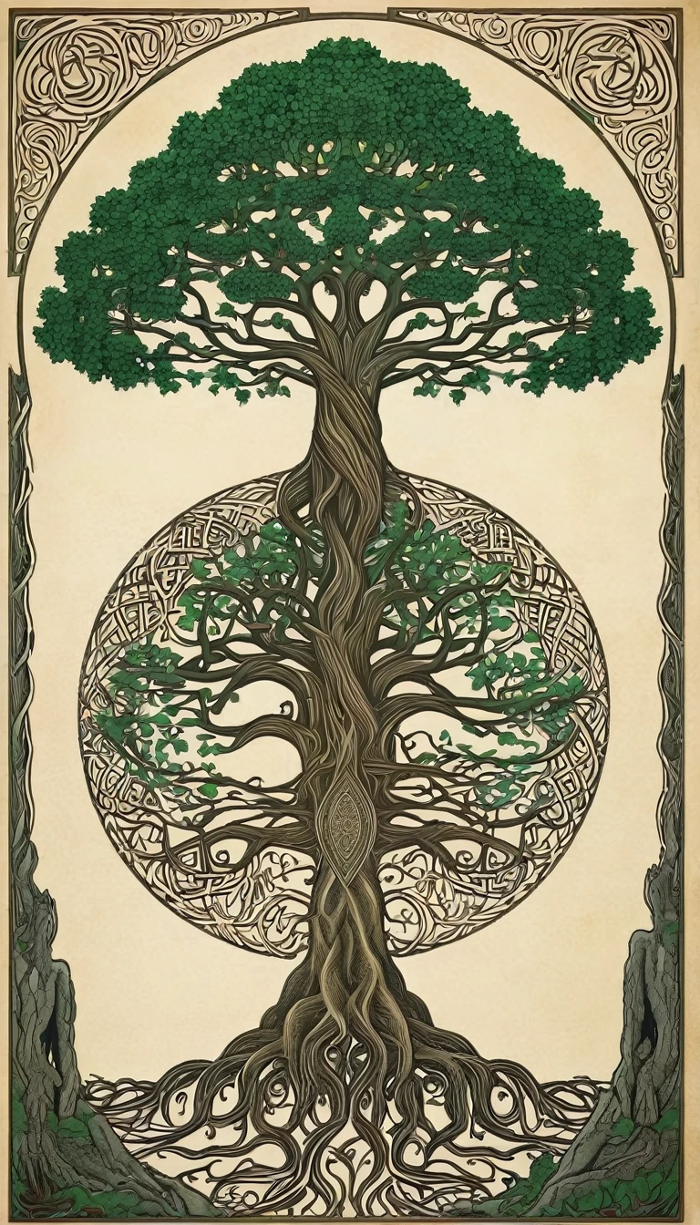 Yggdrasil is the mythical world tree in Norse cosmology。。, Connecting the nine worlds. The branches reach the sky、Often depicted as a giant ash tree with roots in the underworld。.