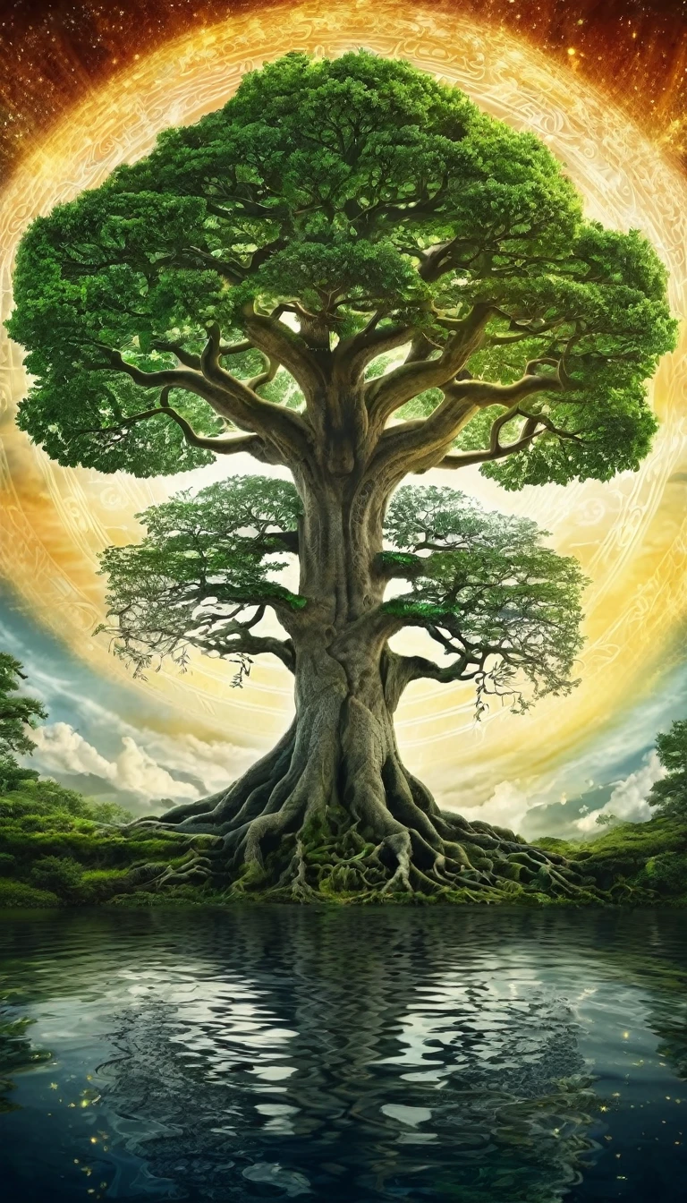 Yggdrasil is the mythical world tree in Norse cosmology。。, Connecting the nine worlds. The branches reach the sky、Often depicted as a giant ash tree with roots in the underworld。.