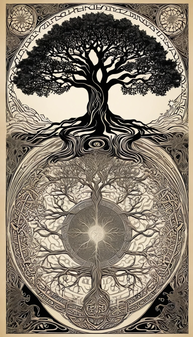 Yggdrasil is the mythical world tree in Norse cosmology。。, Connecting the nine worlds. The branches reach the sky、Often depicted as a giant ash tree with roots in the underworld。.