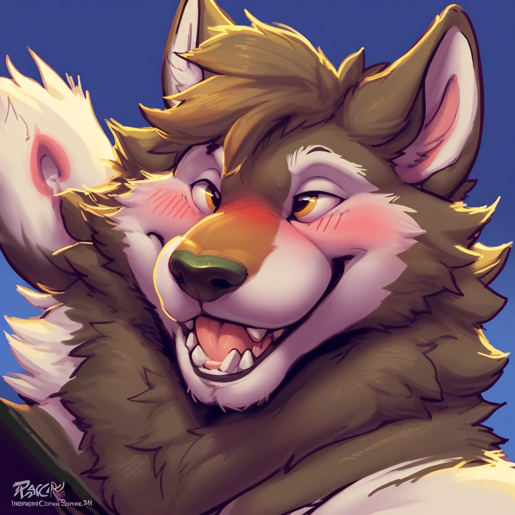  wolf head social media avatar, (((single person))), portrait of a wolf face, (( face close to the screen)), ((blush  face)), {by thesecretcave, by ifus, by zackary911, [by braeburned]}, [by chunie], /wolf/, male, smiling, nsfw, ((single person))