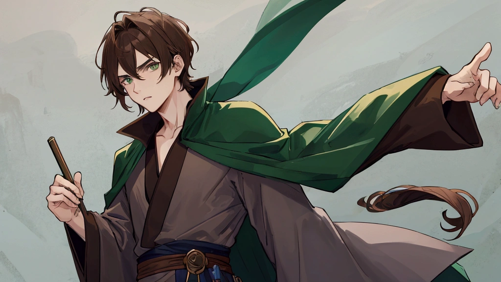 guy, brown hair, green eyes, dark blue robe, gray shirt under the robe