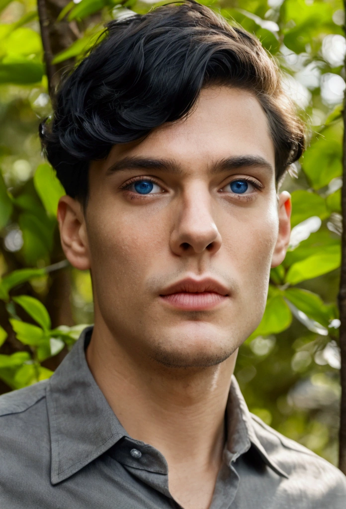 Create a photo of a young man in a sunny forest. He has a handsome face with curly black hair and big blue eyes. There is a thoughtful and attentive look on his face. The photo must be full-length. He is wearing a simple gray shirt and old-fashioned trousers. The stage should be illuminated by sunlight, penetrating through the foliage of trees, creating a warm and natural atmosphere. Focus should be on the model&#39;s face, emphasizing its beauty and expressiveness
