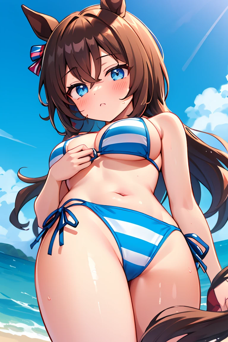 (((big ,巨大なchest)))EishinFlash,Browsing Caution,1 girl,,,chest,尖ったchest,chestの谷間,Underbust,Side Bust Barbosa,(blush),((Embarrassing)),Spread and masturbate(((White and light blue striped bikini)))round 1(((chestを持ち上げる)))((View from below、View from below)),((((巨大なchest)))),Beach,On all fours