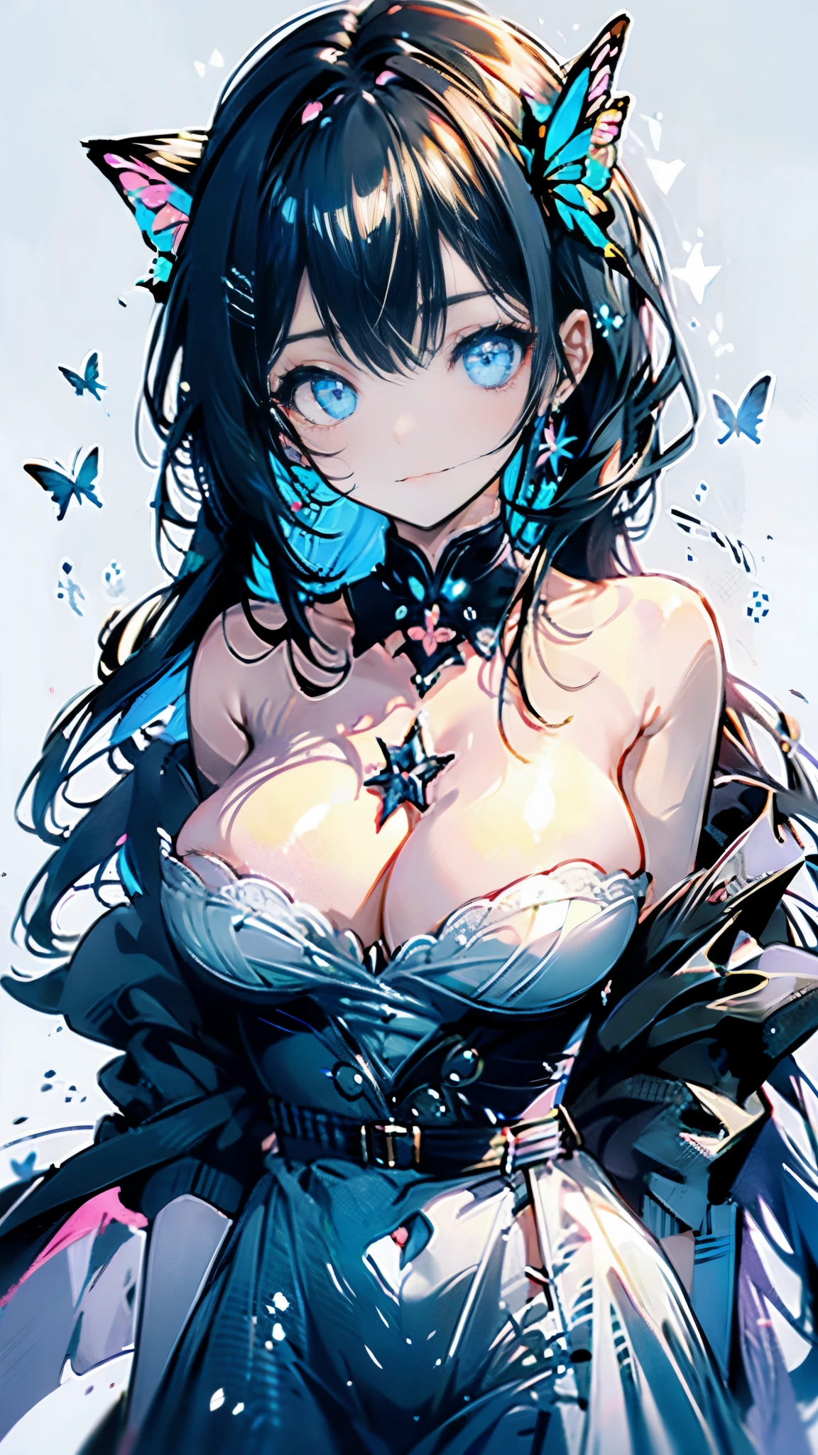girl,Cat girl,Black hair,Magician,Left eye covered by hair,A butterfly rests on the left eye