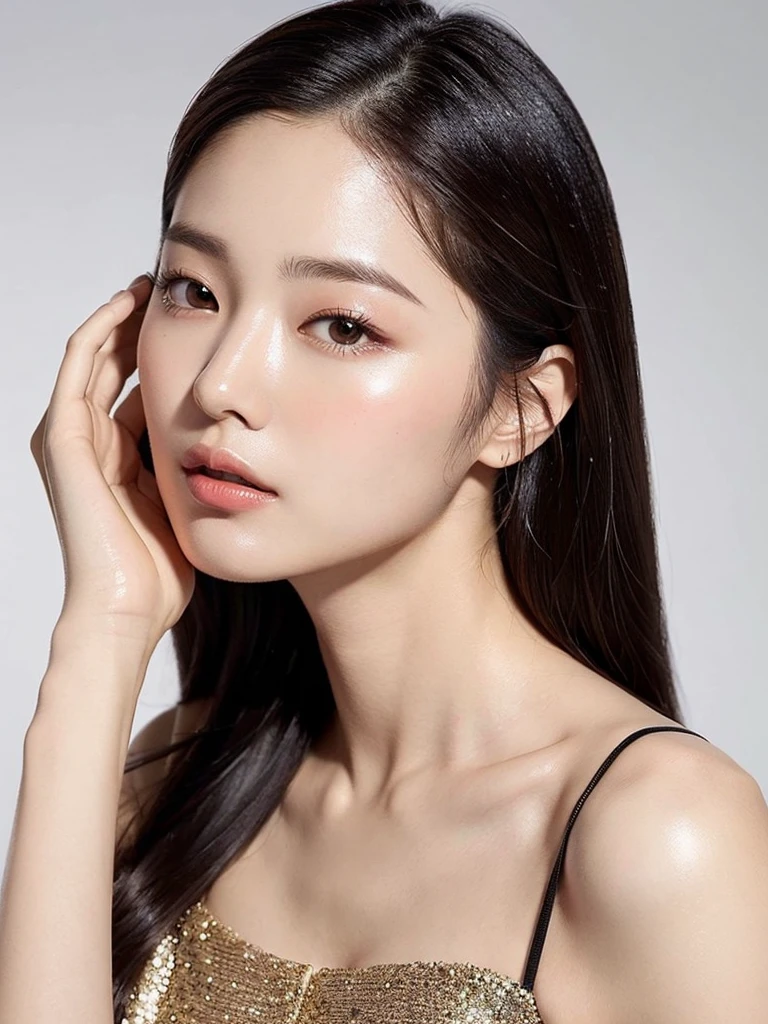 Featuring confident and radiant women、Generate AI Art Inspired by Korean Cosmetics Advertising。Displayed up to chest level、Her perfect skin、Lively makeup、Focus on fashionable hairstyles、Capturing the essence of K-beauty。Isolated on natural white background、Reflecting beauty and fashion trends、Alafed Asian Woman, Look at me diagonally、photoshoot for skincare brand, milky skin, shiny soft skin, clean face and body skin, wlop glossy skin, fanart, eora, Foamy skin, beauty campaign, Official Product Pictures, portrait shot, yangjun chen, Beautiful face in red tones, Ethereal skin, Diagonal, Beautiful black hair