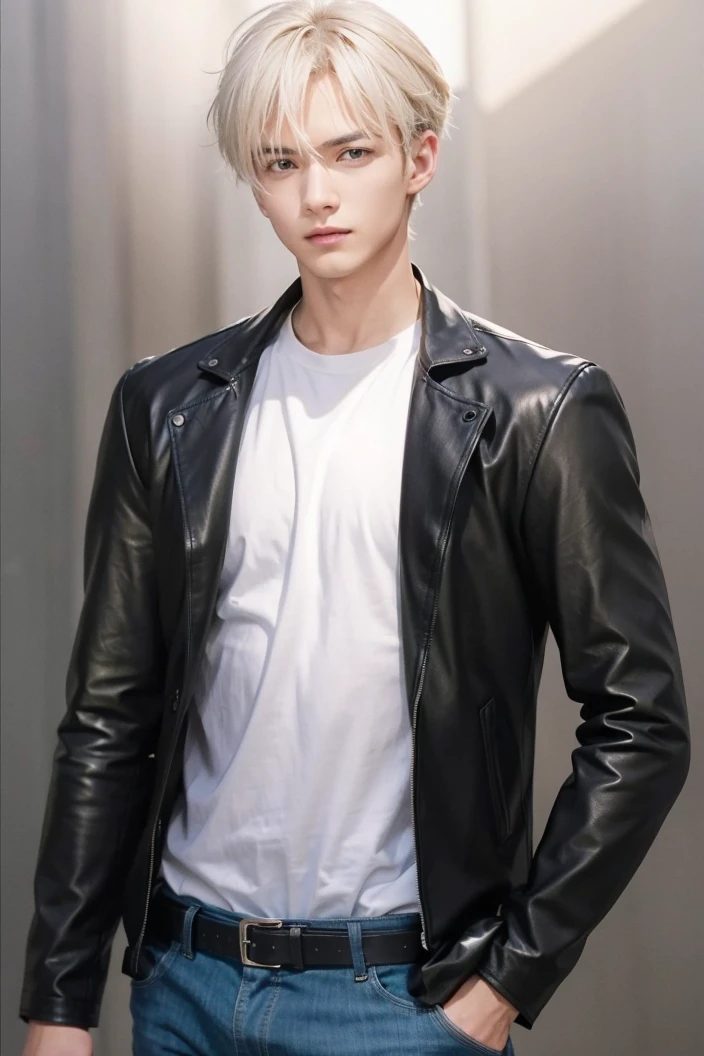 at office,wearing black leather coat,two block haircut, Attractive man,Live-action photo,Handsome and sunny,(SLR effect,Reality,8K,Hyper-detailing,Absolute realism)