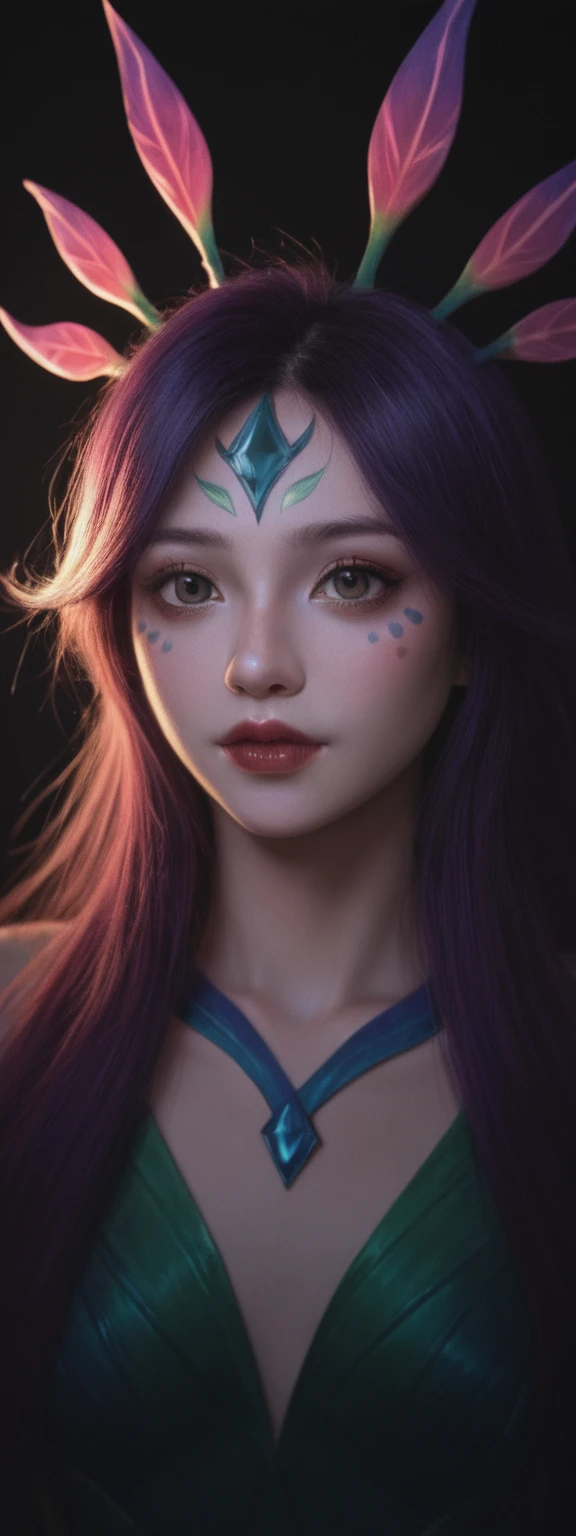 cinematic film, Realistic photograph,realistic, score_9, score_8_up, score_7_up, score_6_up,
1girl, solo, from front, upper body, Neeko \(league of legends\), black background, makeup, sidelighting, backlighting, glowing,