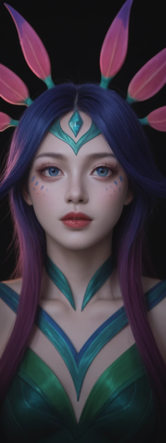 cinematic film, Realistic photograph,realistic, score_9, score_8_up, score_7_up, score_6_up,
1girl, solo, from front, upper body, Neeko \(league of legends\), black background, makeup, sidelighting, backlighting, glowing,
