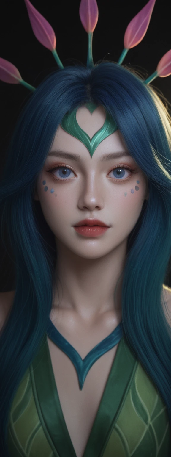cinematic film, Realistic photograph,realistic, score_9, score_8_up, score_7_up, score_6_up,
1girl, solo, from front, upper body, Neeko \(league of legends\), black background, makeup, sidelighting, backlighting, glowing,