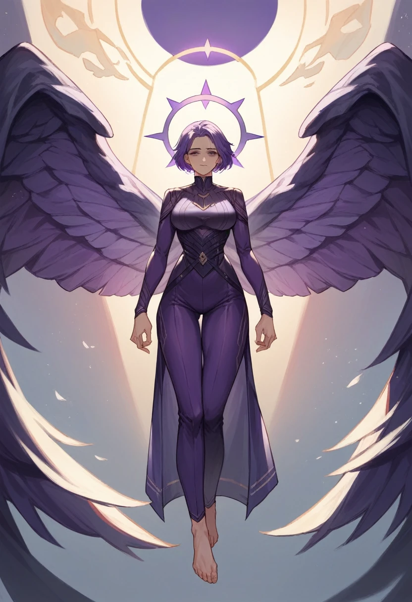 1 girl, goddess(gallant, cool beauty, purple short hair, deep purple suit), barefoot, halo, turn around, big wings,