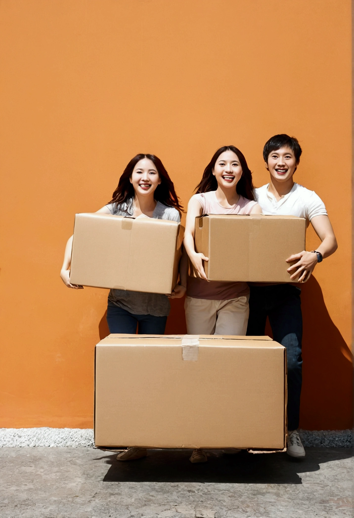Happy people carrying moving boxes々Create an image of