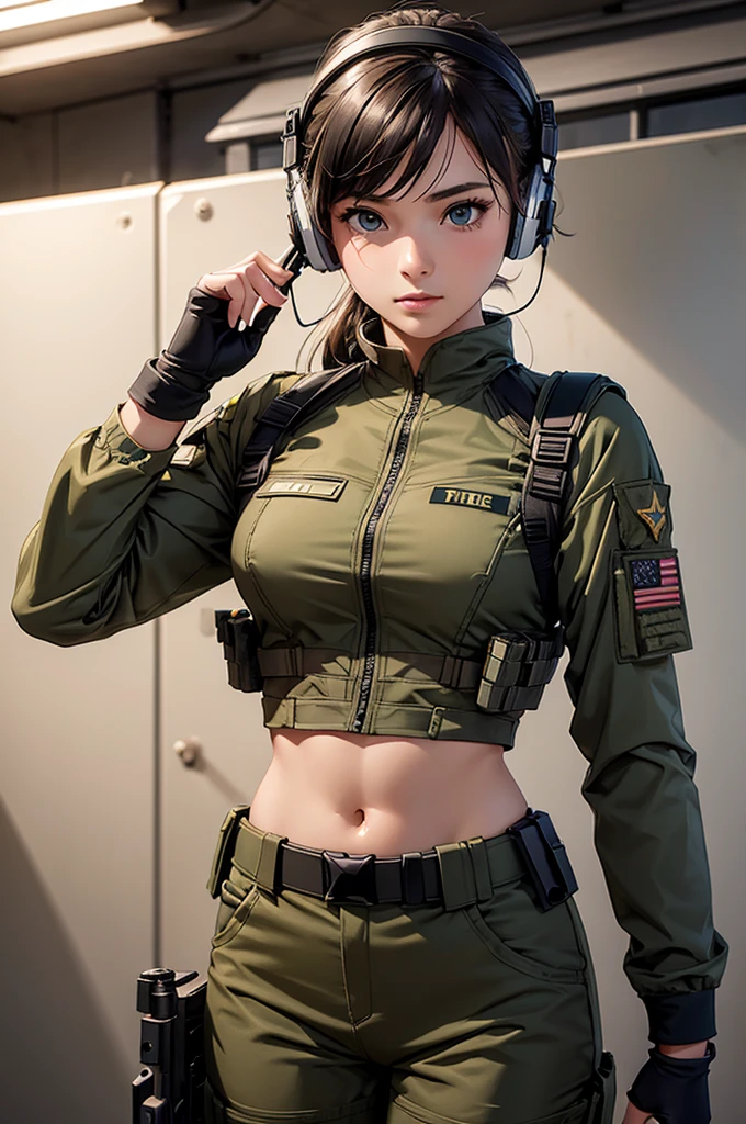 Woman in white holding a rifle and wearing headphones, 24 year old woman, young soldier, mechanized young soldier, Military Girl, beautiful female soldier, Female lead character, Military Girlราบ, Girl's sniper at war, solo female character, Future combat equipment, Half-body close-up, Woman wearing military bulletproof crop top, Show navel, Wear tactical equipment, Wear tactical armor., (realistic navel shape)