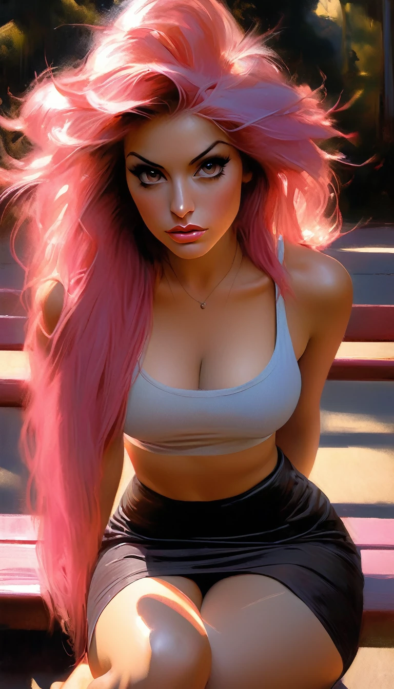 Sexy girl, long pink hair, tight miniskirt, plain tank top, prominent nipples, sitting in a sexy pose on a park bench, grabs her breasts with her hands, shows us her breasts, sexy, lascivious, open legs, painting oil, chiaroscuro, sensual and dramatic lighting, moody atmosphere, photorealistic, intricate details, masterpiece, ultra detailed, high quality, 8k, best quality, realistic, cinematic, dark and brooding, expressionist, powerful composition, emotional impact, art inspired by Bill Sienkiewicz