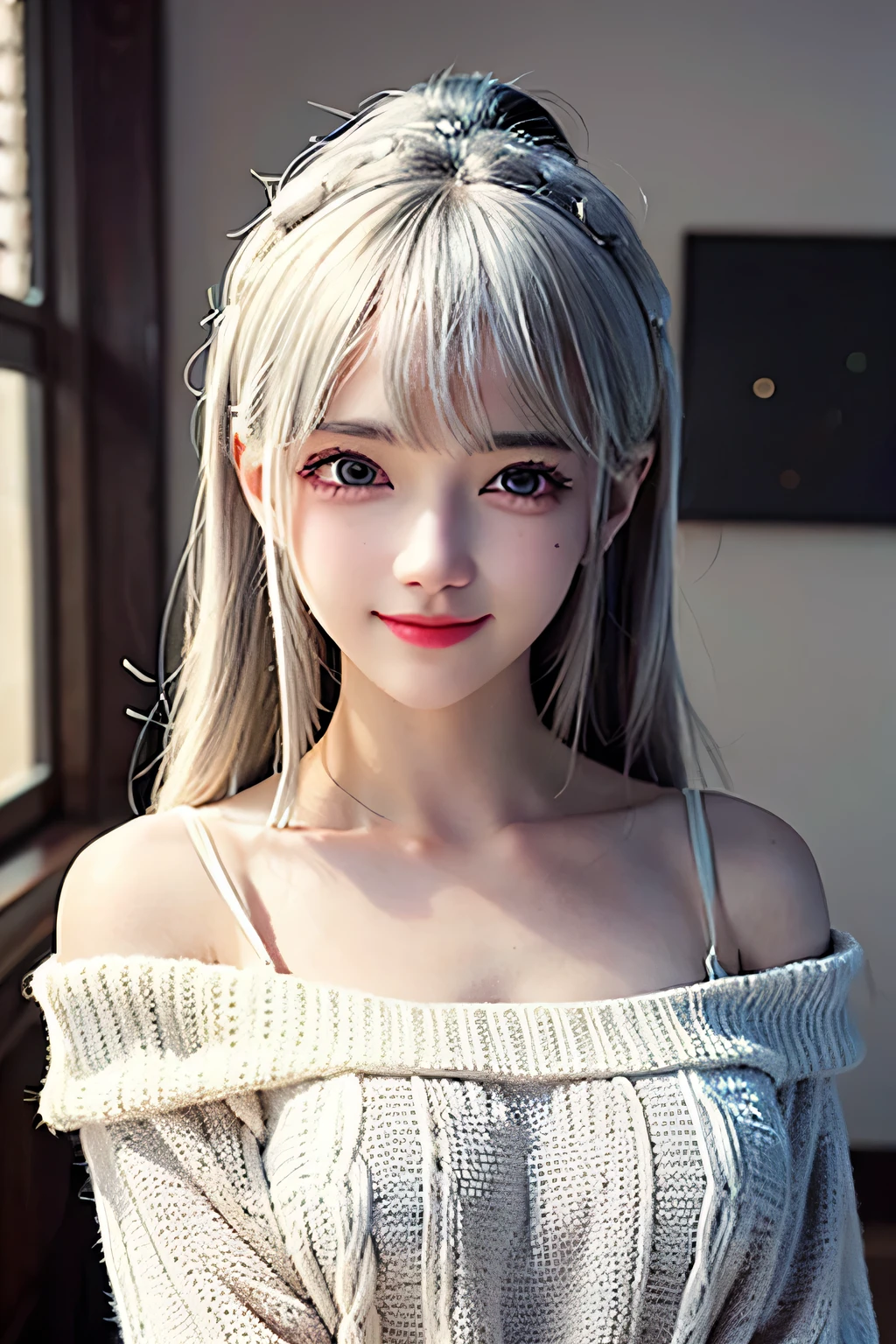 ((best quality)), ((masterpiece)), (detailed), 1 Girl, Off-shoulder sweater, ,Smiled happily,White hair,gentle,Anime style,Long hair