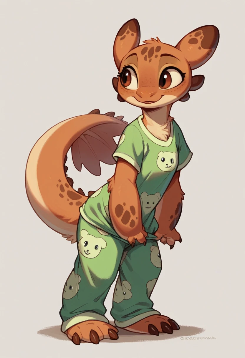 animated style，1 girl，sexy pose looking into the camera ，thick thighedium tits, wavy fur , Brown eyes, puppy pajamas with a dragon called toothless about how to train your grade 
