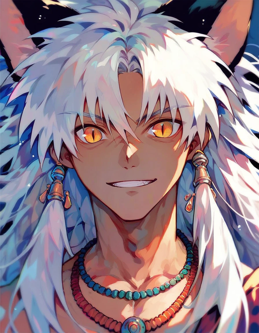 in ru_ta artstyle, 1boy, inuyasha, male focus, animal ears, solo, white hair, slit pupils, dog ears, long hair, yellow eyes, necklace, jewelry, smile,