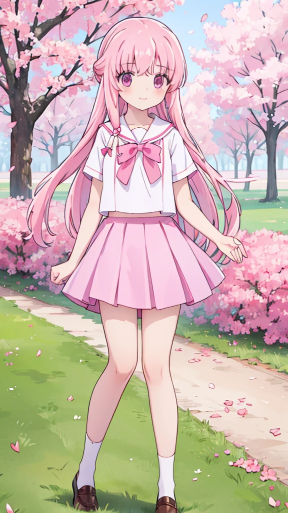 1girl solo pink hair, pink eyes with love, detailed eyes, cute eyes, straight hair, long hair, straight bangs, shiny hair,
,red bowtie,purple skirt,purple shirt,pleated skirt,short sleeves,looking at the bottom, pink sakura trees and pink grass, in the middle of the sakura trees, sidewalking side view, the pink grass with pink flower petals on the ground high-definition,masterpiece, masterpiece, best quality, high resolution, aabeta, double, slim waist, cute, sailor uniform, sweet cute smile, smiling eyes, happy, smile (PastelColors: 1.3)