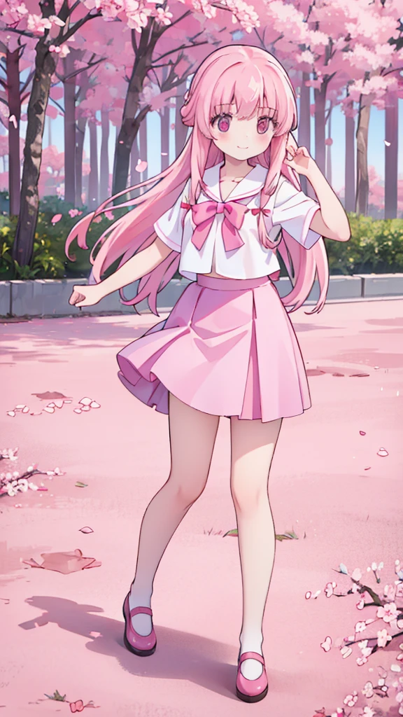 1girl solo pink hair, pink eyes with love, detailed eyes, cute eyes, straight hair, long hair, straight bangs, shiny hair,
,red bowtie,purple skirt,purple shirt,pleated skirt,short sleeves,looking at the bottom, pink sakura trees and pink grass, in the middle of the sakura trees, sidewalking side view, the pink grass with pink flower petals on the ground high-definition,masterpiece, masterpiece, best quality, high resolution, aabeta, double, slim waist, cute, sailor uniform, sweet cute smile, smiling eyes, happy,  smile (PastelColors: 1.3)