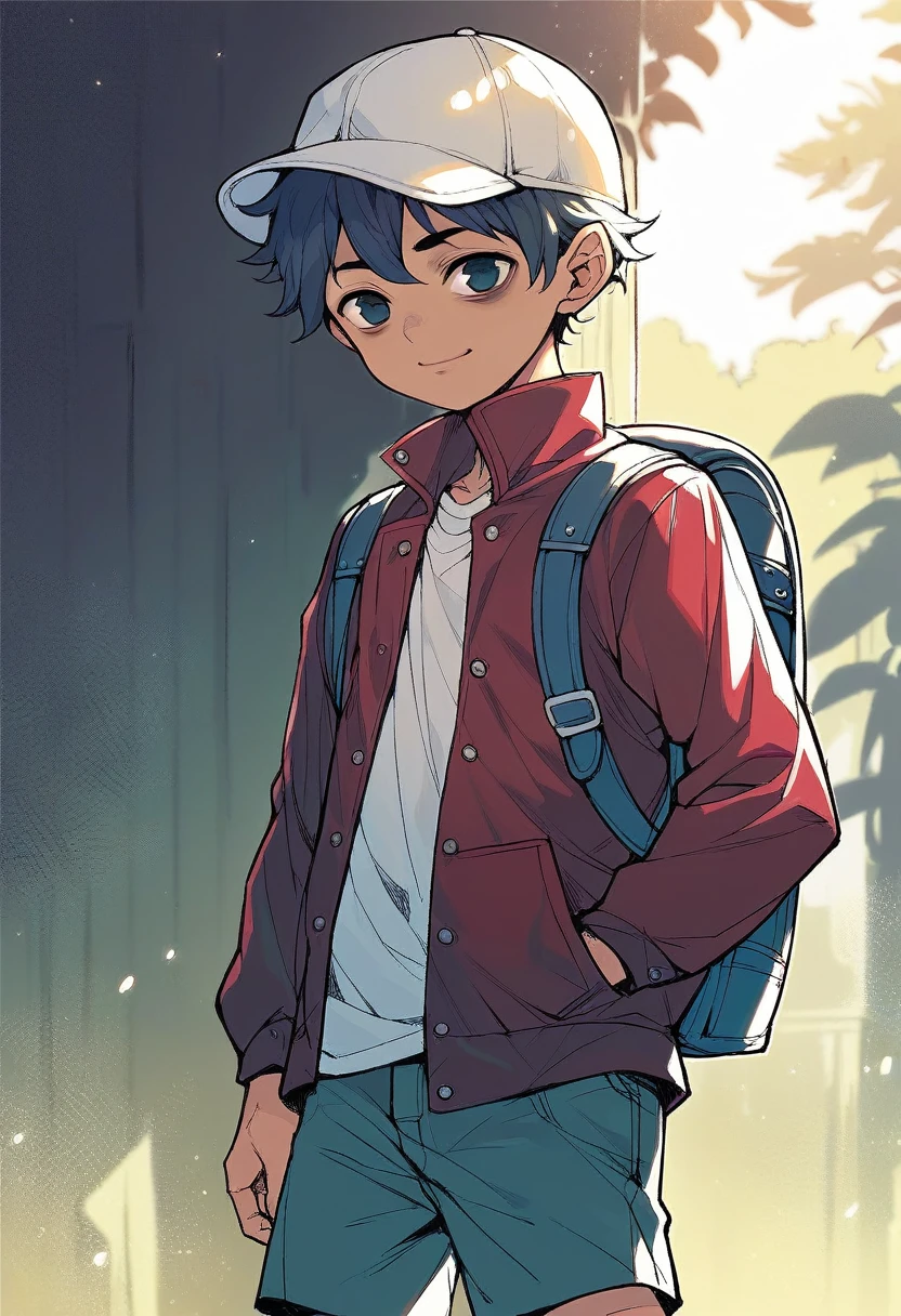 (((Masterpiece))), best quality, cowboy shot, perfect anatomy, realistic face, outdoors, sunny, warm sunlight, backlighting, dramatic lighting, painterly 1boy, (((shota))), wavy hair, solo, red jacket, three quarter view, cap, backpack, hand in pocket, light smile, bags under eyes