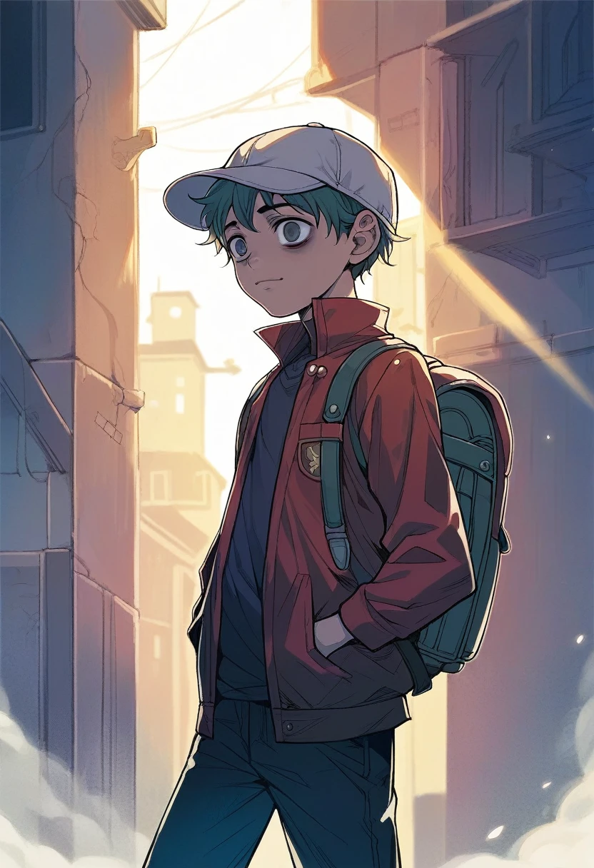 (((Masterpiece))), best quality, cowboy shot, perfect anatomy, realistic face, outdoors, sunny, warm sunlight, backlighting, dramatic lighting, painterly 1boy, (((shota))), wavy hair, solo, red jacket, three quarter view, cap, backpack, hand in pocket, light smile, bags under eyes