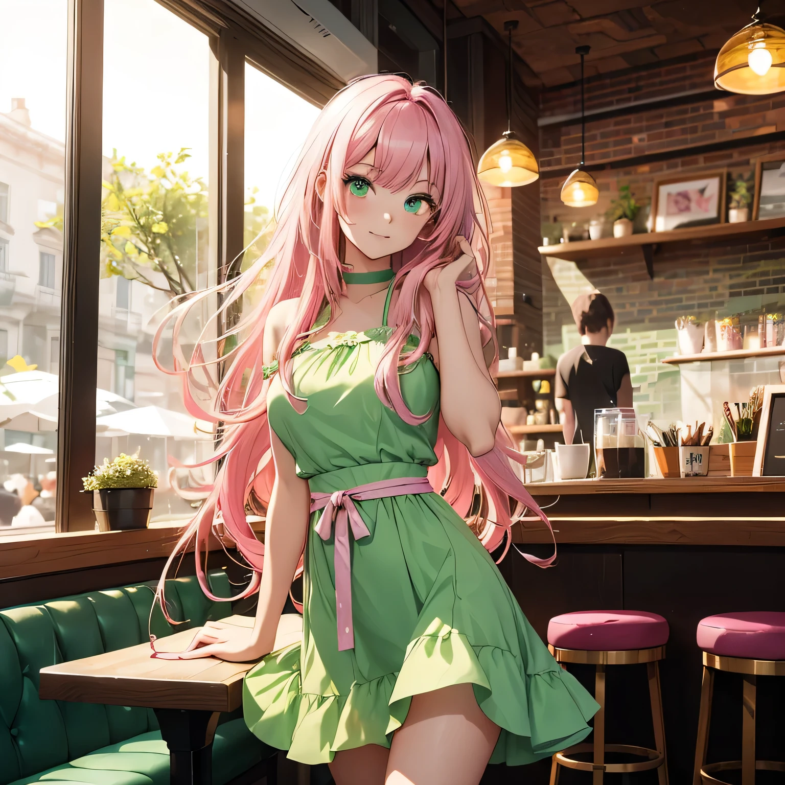 An 18-year-old girl with waist-length pink hair and large jade green eyes is posing playfully in a trendy café. She’s wearing a light green dress with pink flowers, which has a color similar to #EDF0E1, accessorized with a delicate bracelet. She holds a white cat with black spots while smiling warmly at the camera. The café background features cozy décor with wooden tables and potted plants, creating a friendly and inviting atmosphere.