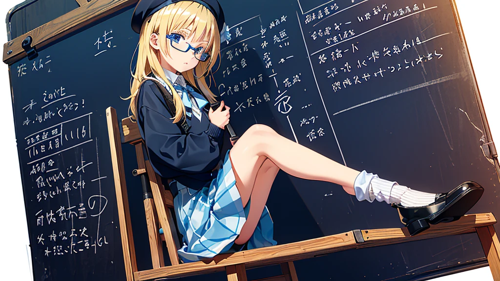 Dynamic angle, s old, (young: 2.0), various hair lengths, blonde,, blue ribbon, fashionable glasses, beret, wearing cute clothes, (girl with clapperboard), (clapperboard: 1.2) , sitting on a folding chair, legs