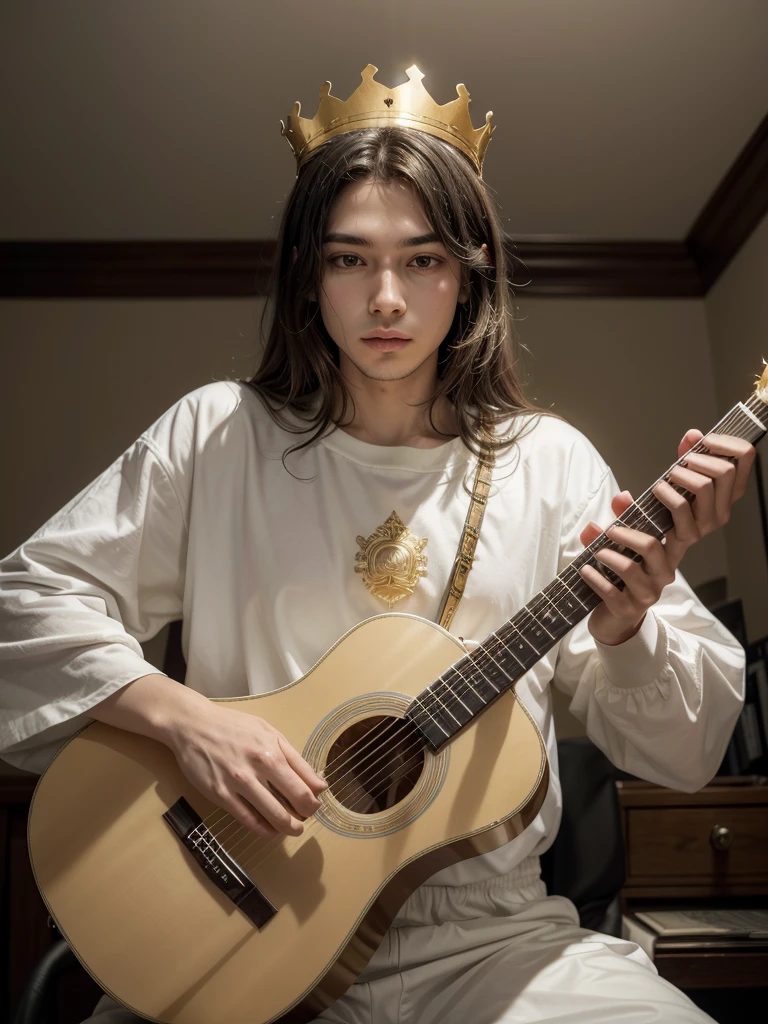  classical guitar. offwhite. with golden strings. he must have a crown. He must have a serious "Aura" gilded ( algo como uma luz gilded ao redor dele.) There shouldn&#39;t be anyone playing the guitar.