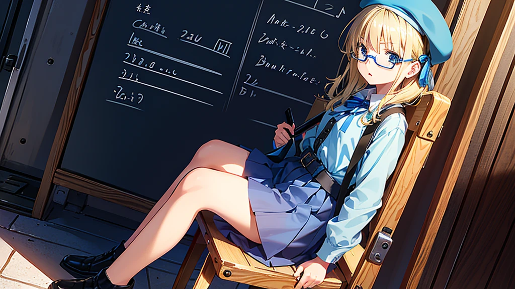 Dynamic angle, 7 , (young: 2.0), various hair lengths, blonde,, blue ribbon, fashionable glasses, beret, wearing cute clothes, (girl with clapperboard), (clapperboard: 1.2) , sitting on a folding chair, legs