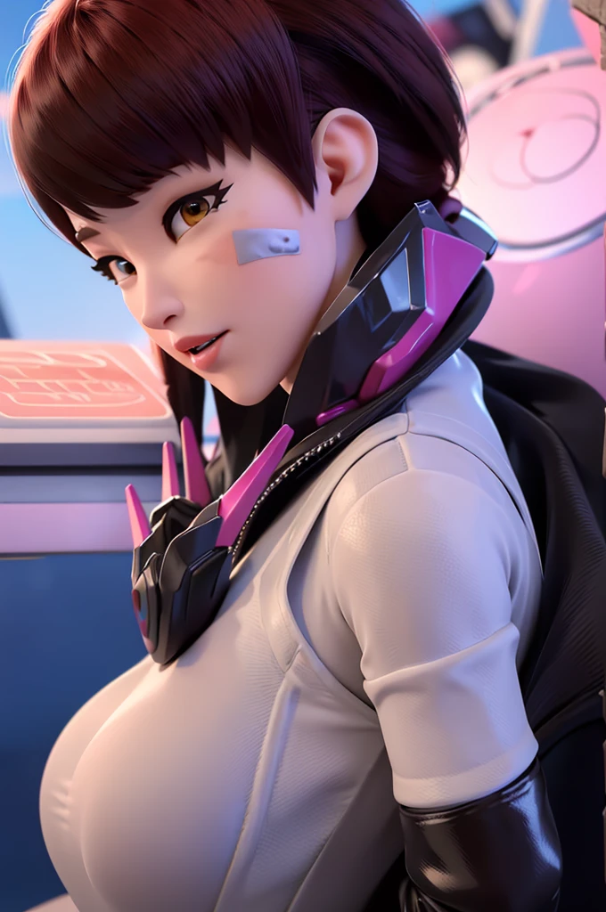 DVA from Overwatch without her mech, a woman with short brown hair in a ponytail,she stands in Busan Korea, high quality refelctions, volumetric lighting, she is wearing her classic thin tight figure hugging stretchy pink white and blue full bodysuit, soft simple plain sport bodysuit, the bodysuits is like a yoga outfit, she stands on the street, (1 girl solo), cinematic lighting, high resolution, physically-based rendering, 8k, volumetric lighting, hyperrealistic, detailed facial features, masterpiece, full upper body, city in background, cinematic,she has very small breasts, flat breasts , the focus is on her whole body and the environment, cinematic screenshot, you can see the whole environment and her standing on the street, the picture has a very soft look at soft textures, cute smile, her arms are on her side, DVA is posing and does a peace symbol with her fingers, woman body, no bra, 1 person, 1 head, Overwatch cinematic graphic style