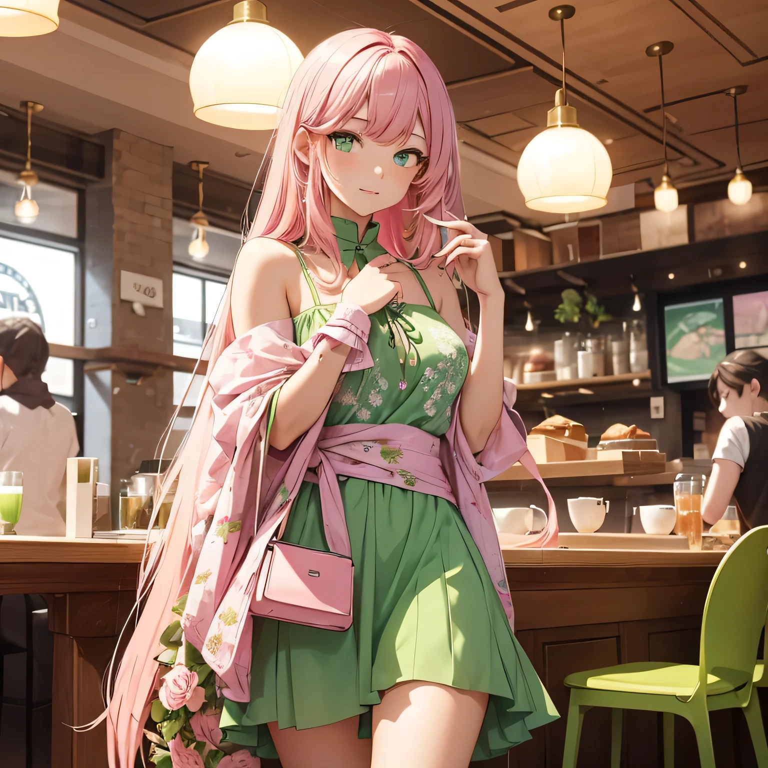 An 18-year-old girl with waist-length pink hair and large jade green eyes is posing playfully in a trendy café. She’s wearing a light green dress with pink flowers, which has a color similar to #EDF0E1, accessorized with a delicate bracelet. She holds a white cat with black spots while smiling warmly at the camera. The café background features cozy décor with wooden tables and potted plants, creating a friendly and inviting atmosphere.