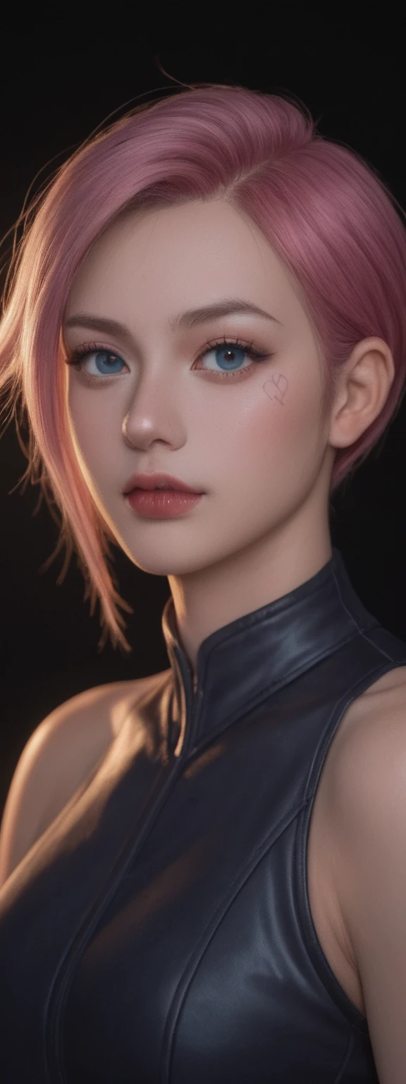 realistic, score_9, score_8_up, score_7_up, score_6_up,
1girl, solo, from front, upper body, Vi \(league of legends\), black background, makeup, sidelighting, backlighting, glowing,