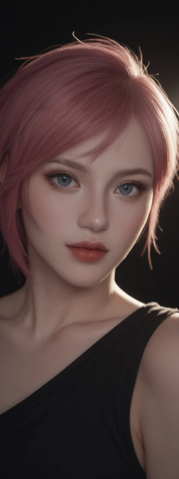 realistic, score_9, score_8_up, score_7_up, score_6_up,
1girl, solo, from front, upper body, Vi \(league of legends\), black background, makeup, sidelighting, backlighting, glowing,