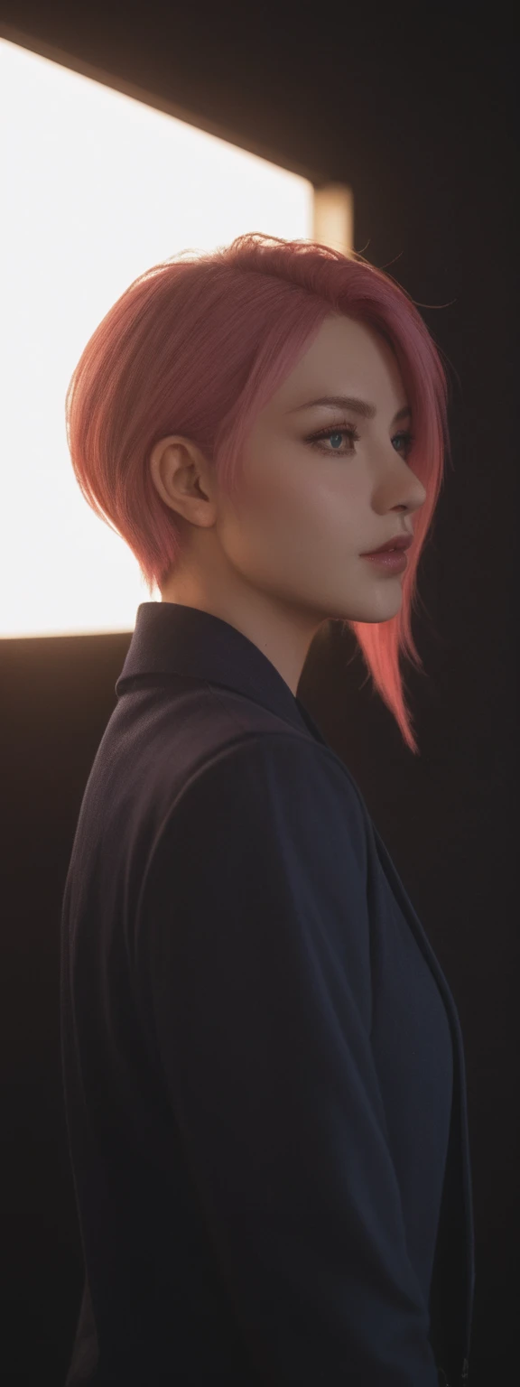 realistic, score_9, score_8_up, score_7_up, score_6_up, 
1girl, solo, from front, upper body, Vi \(league of legends\),  black background, makeup, sidelighting, backlighting, glowing,