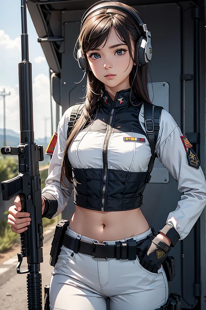 Woman in white holding a rifle and wearing headphones, 24 year old woman, young soldier, mechanized young soldier, Military Girl, beautiful female soldier, Female lead character, Military Girlราบ, Girl's sniper at war, solo female character, Future combat equipment, Half-body close-up, Woman wearing military bulletproof crop top, Show navel, Wear tactical equipment, Wear tactical armor., (realistic navel shape)