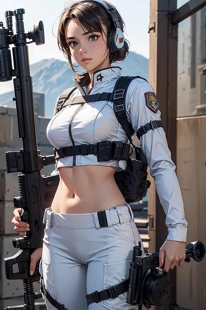 star wars theme, beautiful Japanese girl, stormtrooper armor, beautiful smile, big breasts, panties and bra, holding a blaster