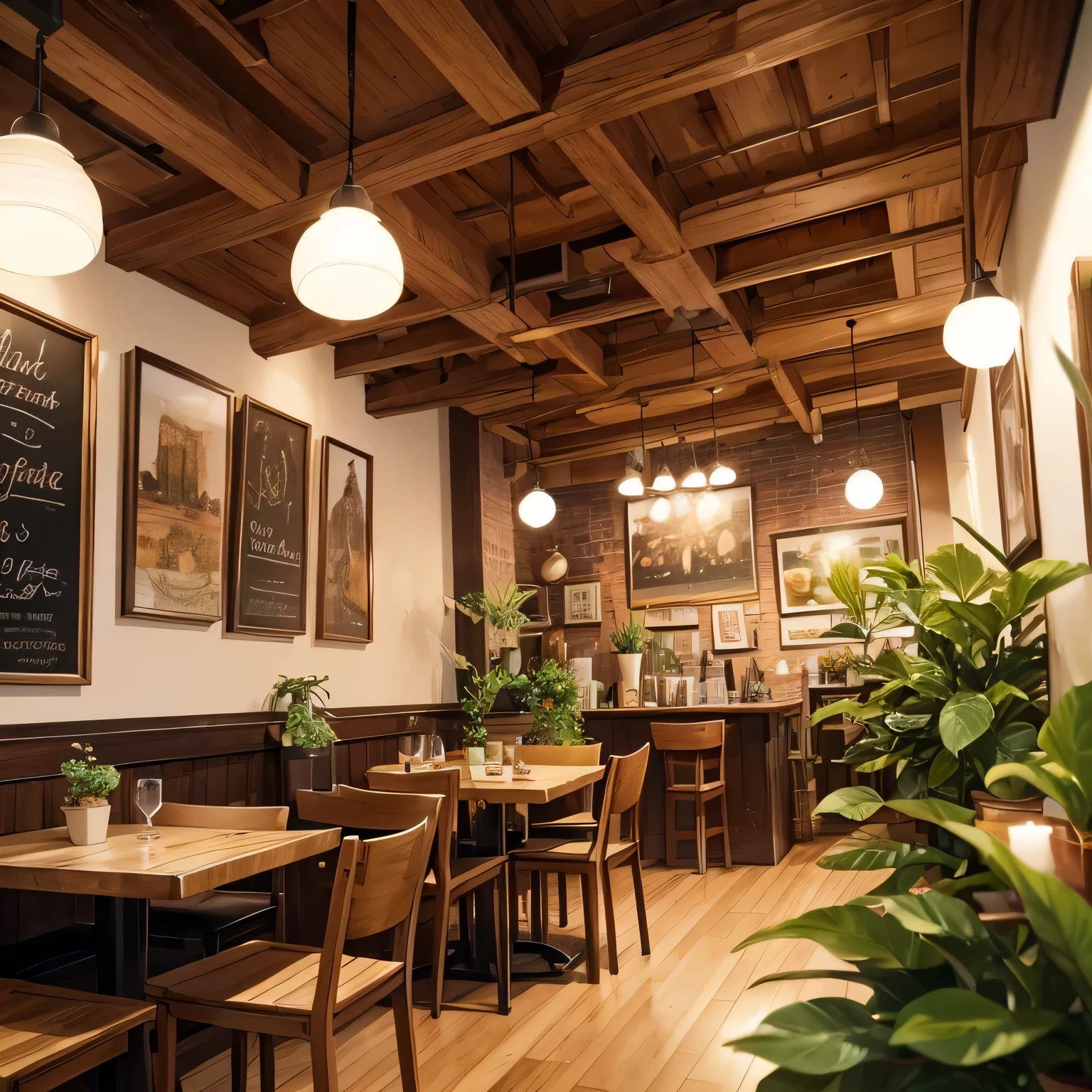 The café features a cozy and stylish interior with warm, inviting tones. Wooden tables are arranged throughout, some adorned with small potted plants and decorative candles. The walls are decorated with charming artwork and vintage posters, creating a relaxed, aesthetic vibe. Soft, ambient lighting adds a comfortable and welcoming glow, making the space perfect for a casual meet-up or a quiet coffee break.
