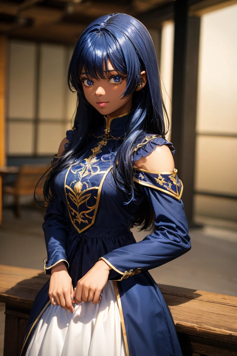 Dark skin blue hair anime girl medieval dress long