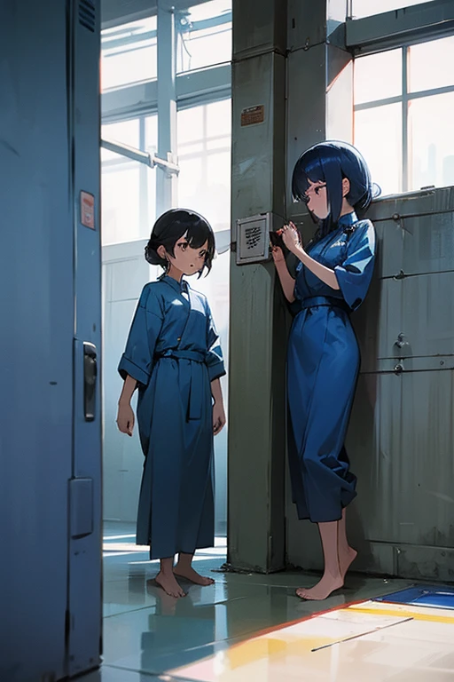 Two 19-year-old asian girl prisoners in blue prison uniforms being held in a prison, barefoot and being handcuffed.