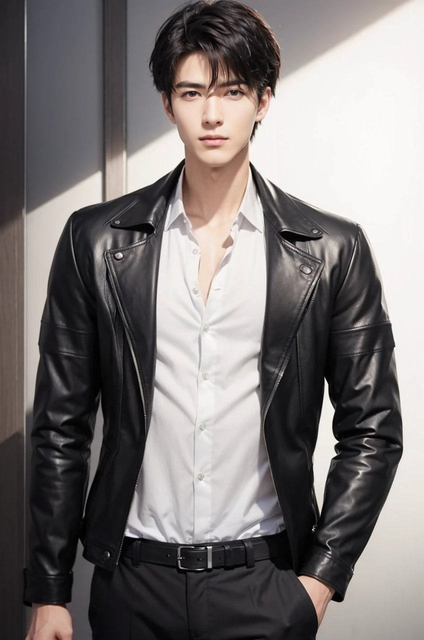 at office,wearing black leather coat,two block haircut, Attractive man,Live-action photo,Handsome and sunny,(SLR effect,Reality,8K,Hyper-detailing,Absolute realism)