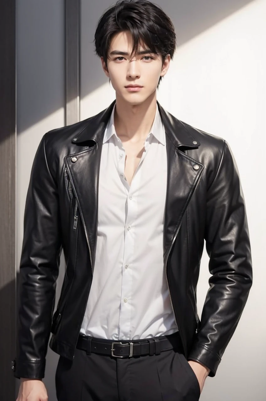 at office,wearing black leather coat,two block haircut, Attractive man,Live-action photo,Handsome and sunny,(SLR effect,Reality,8K,Hyper-detailing,Absolute realism)