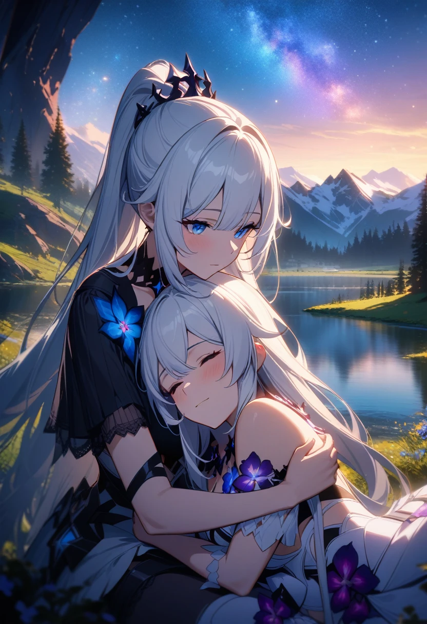 a beautiful detailed yuri scene of 2girls, Kiana Kaslana \(Herrscher of Finality)\ and Raiden Mei \(APHO)\, (Honkai Impact 3rd), very long hair, ponytail, (lap pillow:2.0), in a scenic landscape with mountains, a lake, and a starry nebula sky, romantic atmosphere, the girls sitting facing away from the camera, head resting on each other's shoulders, (best quality,4k,8k,highres,masterpiece:1.2),ultra-detailed, studio lighting, extremely detailed environment, vibrant colors, cinematic lighting