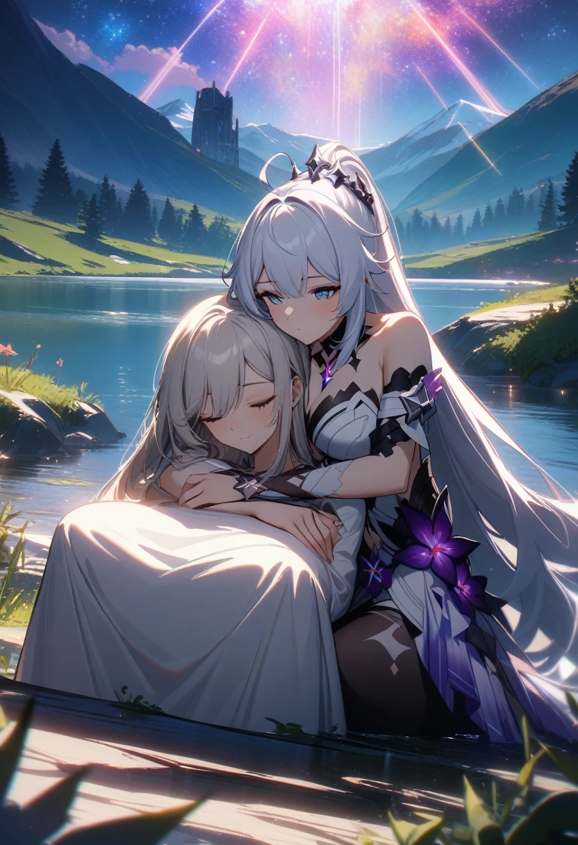 a beautiful detailed yuri scene of 2girls, Kiana Kaslana \(Herrscher of Finality)\ and Raiden Mei \(APHO)\, (Honkai Impact 3rd), very long hair, ponytail, (lap pillow:2.0), in a scenic landscape with mountains, a lake, and a starry nebula sky, romantic atmosphere, the girls sitting facing away from the camera, head resting on each other's shoulders, (best quality,4k,8k,highres,masterpiece:1.2),ultra-detailed, studio lighting, extremely detailed environment, vibrant colors, cinematic lighting