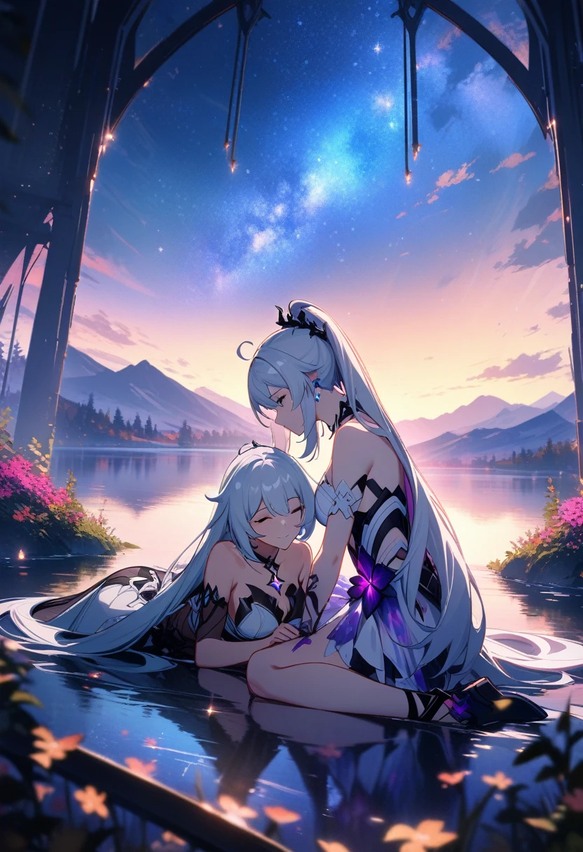 a beautiful detailed yuri scene of 2girls, Kiana Kaslana \(Herrscher of Finality)\ and Raiden Mei \(APHO)\, (Honkai Impact 3rd), very long hair, ponytail, (lap pillow:1.25), in a scenic landscape with mountains, a lake, and a starry nebula sky, romantic atmosphere, the girls sitting facing away from the camera, head resting on each other's shoulders, (best quality,4k,8k,highres,masterpiece:1.2),ultra-detailed, studio lighting, extremely detailed environment, vibrant colors, cinematic lighting