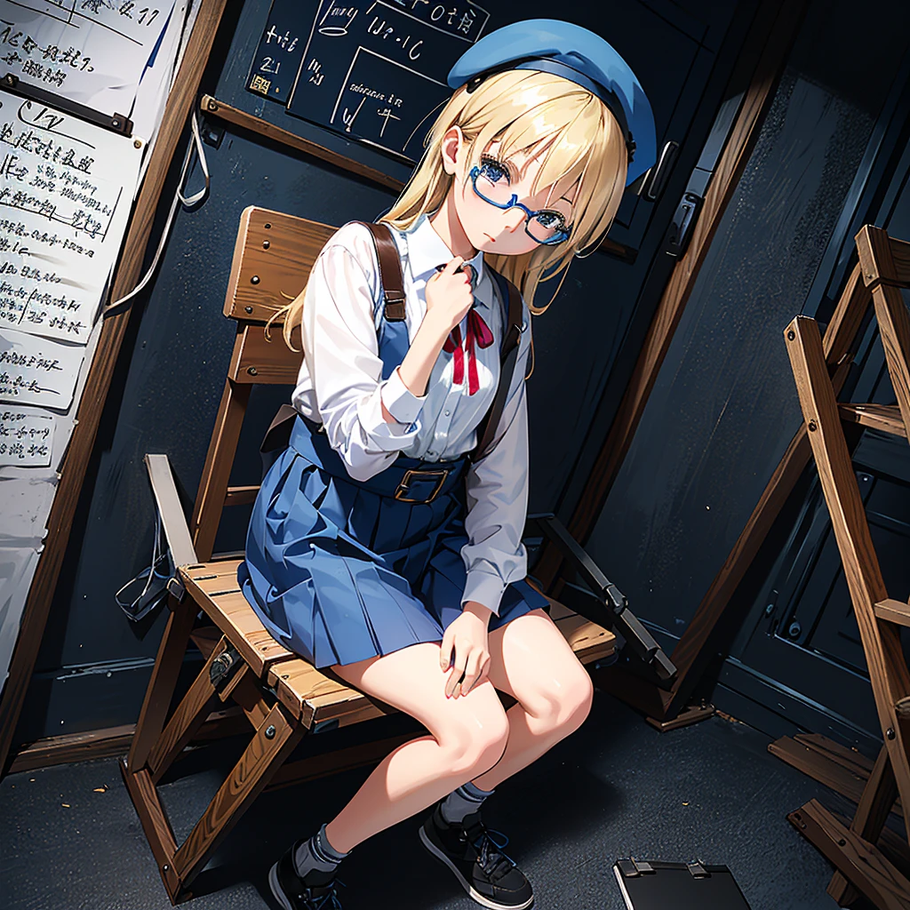 Dynamic angle, , (young: 2.0), various hair lengths, blonde,, blue ribbon, fashionable glasses, beret, wearing cute clothes, (girl with clapperboard), (clapperboard: 1.2) , sitting on a folding chair, legs