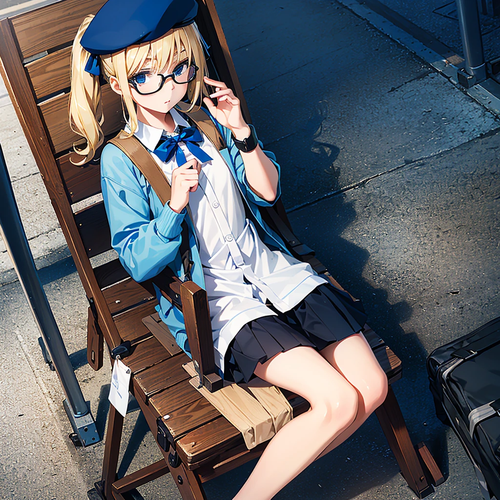 Dynamic angle, 7 years old, (young: 2.0), various hair lengths, blonde,, blue ribbon, fashionable glasses, beret, wearing cute clothes, (girl with clapperboard), (clapperboard: 1.2) , sitting on a folding chair, legs