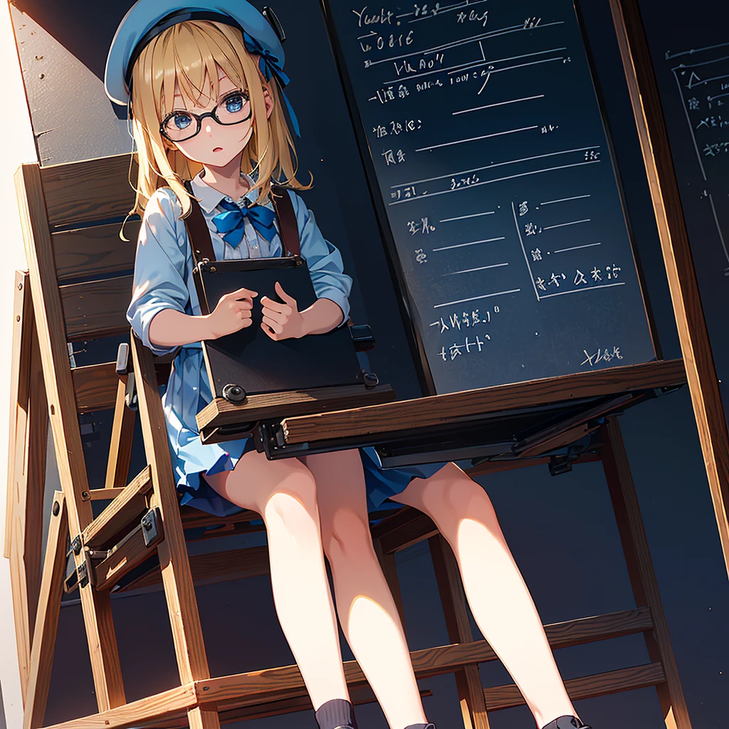 Dynamic angle, 7 years old, (young: 2.0), various hair lengths, blonde,, blue ribbon, fashionable glasses, beret, wearing cute clothes, (girl with clapperboard), (clapperboard: 1.2) , sitting on a folding chair, legs