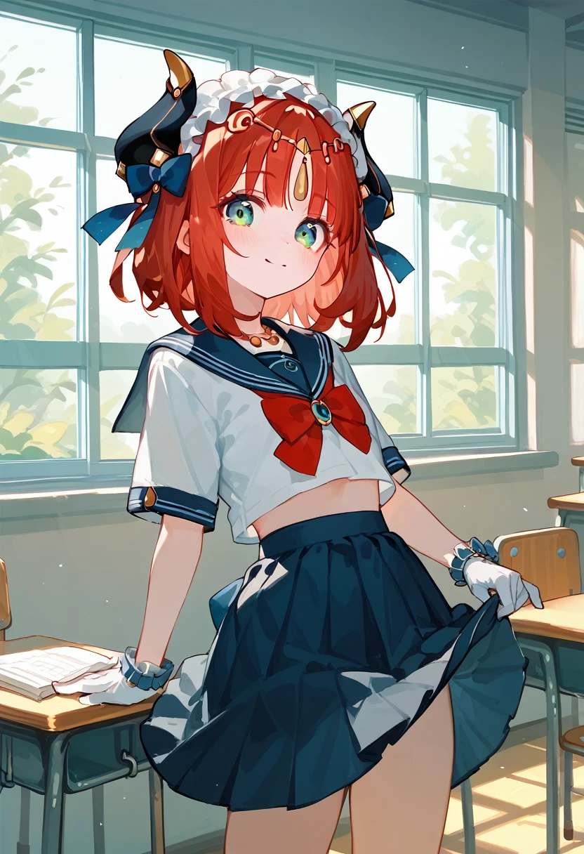 masterpiece,High resolution nilou,One girl,Sailor suit,classroom,Red Hair,Short Hair,high school girl,Pull up your skirt,